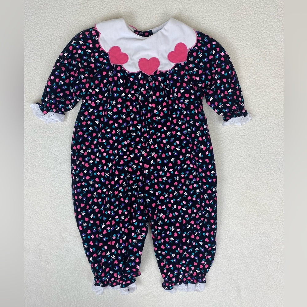 VTG 90s Girls Corduroy Floral Heart Bubble Romper Outfit Bib Collar Sz 24 Months